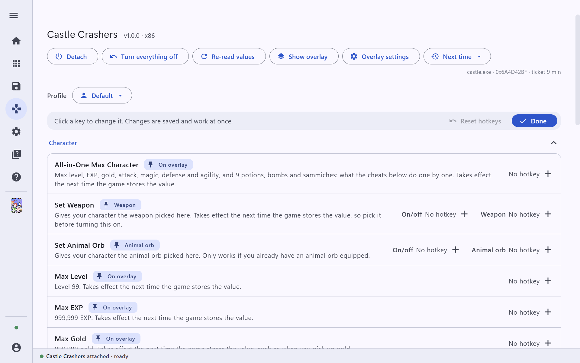 The trainer page in hotkey editing mode