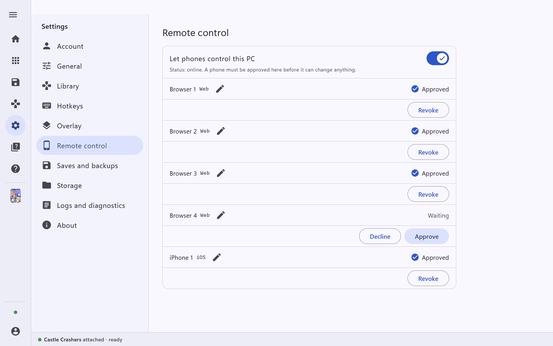 A new device waiting for approval in Settings, Remote control