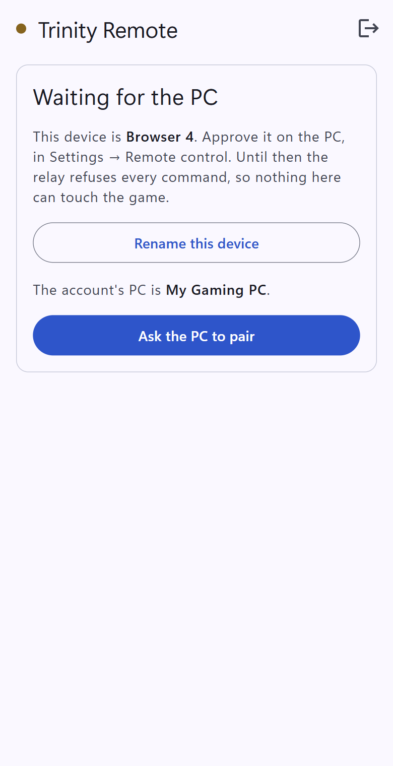 Trinity Remote waiting for the PC, with the Ask the PC to pair button