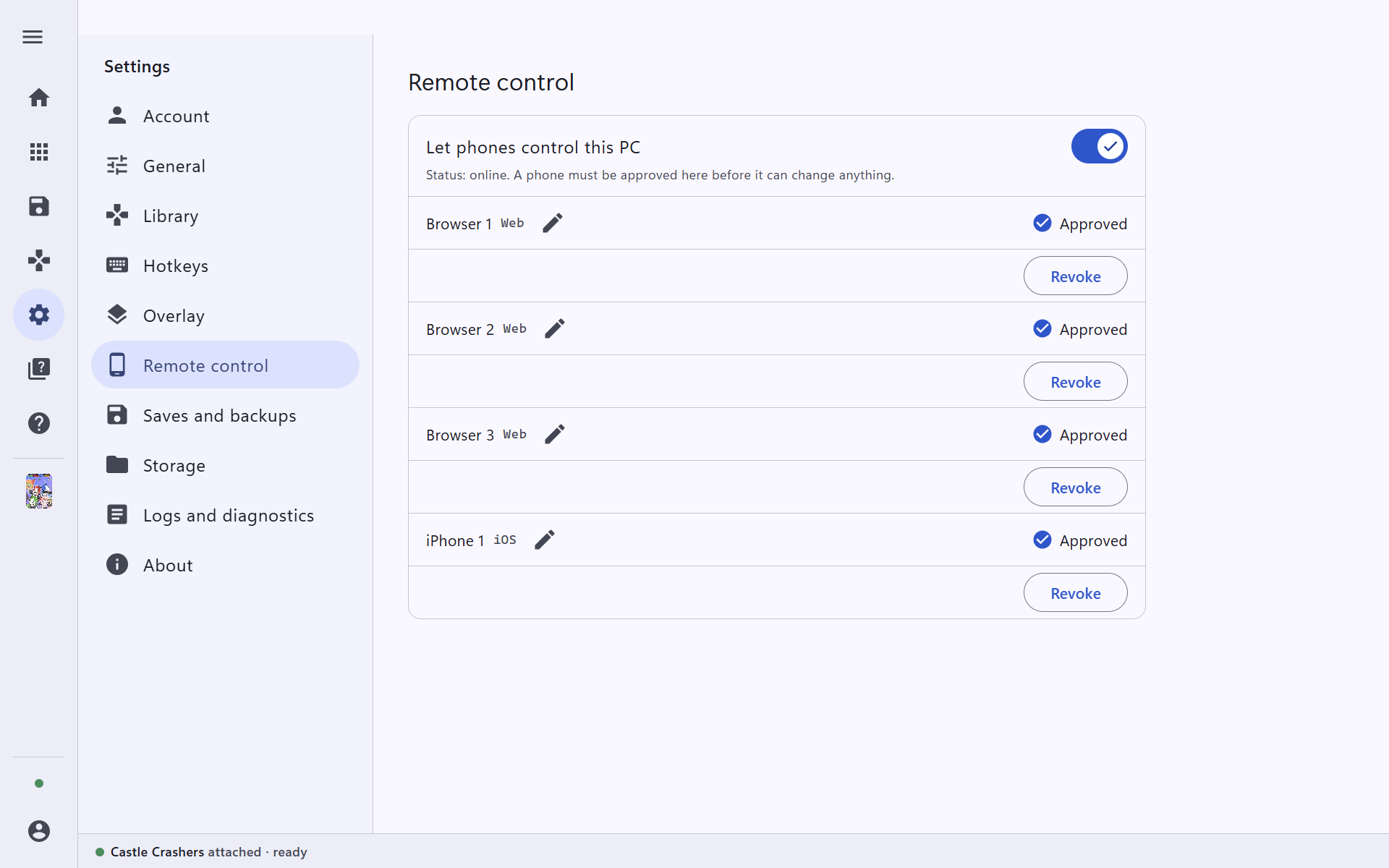 Settings, Remote control, with the switch on and the approved devices listed