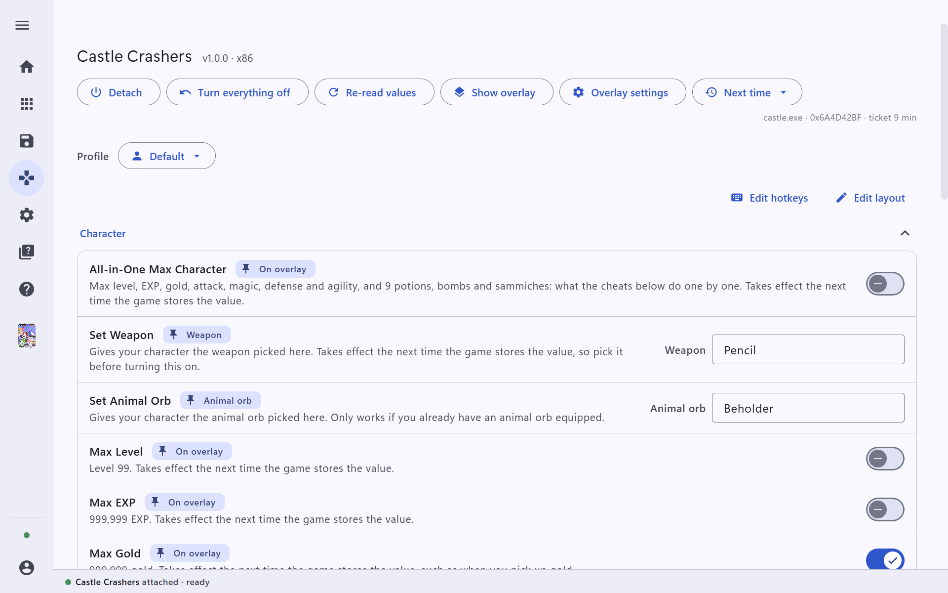 The top of the trainer page with its buttons and the Weapon picker